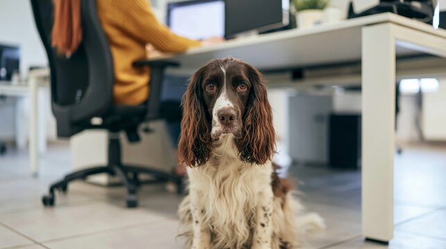 Springer Spaniel sitting under an office desk, looking at the camera while a woman works at her desk in a modern office setting