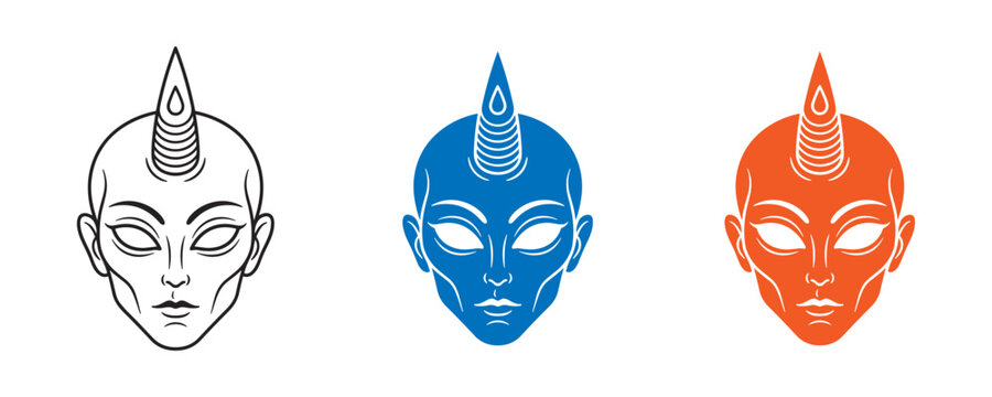 Alien Face Outline Vector Set, Futuristic Sci Fi Character Icon Collection in Black Blue and Orange