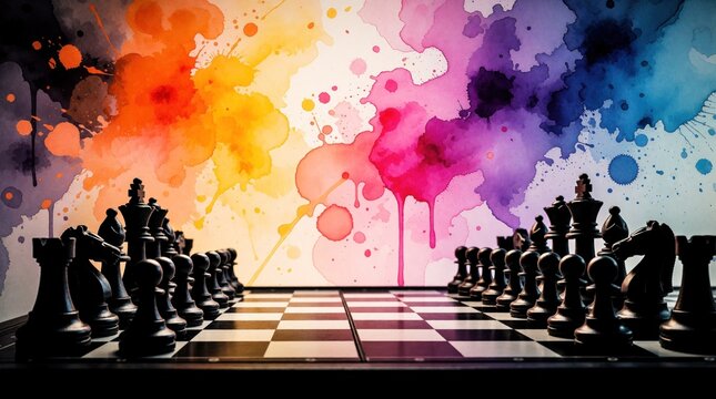 Black chess pieces set on board against colorful watercolor splash background. Abstract art illustration represents competition strategy success business planning leadership tactics logical thinking