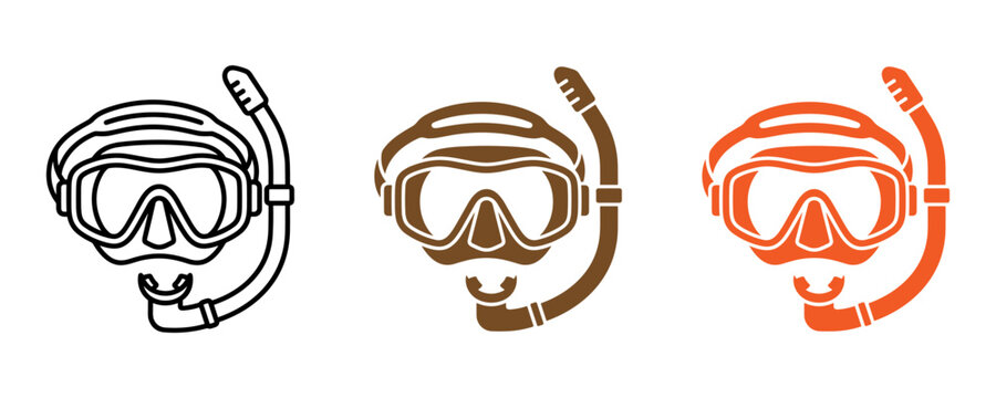 Snorkeling Mask Outline Vector Set, Scuba Diving Gear Icon Collection in Black Brown and Orange