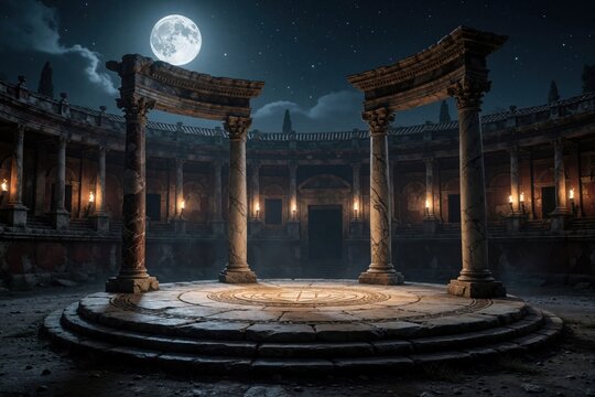Ancient stone arena at night under full moon and starry sky. Ornate columns surround central platform lit by torches. Grand structure evokes Roman empire history and gladiatorial contests.