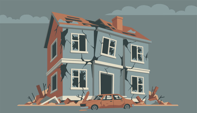 Damaged grey house with cracked walls and broken windows next to a smashed car after an earthquake or disaster.