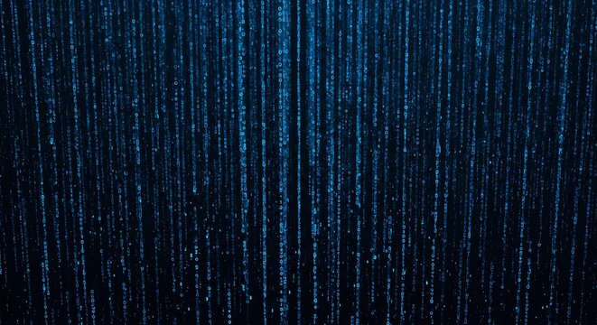 Abstract Digital Data Stream with Blue Binary Code on Dark Background for Technology and Cybersecurity