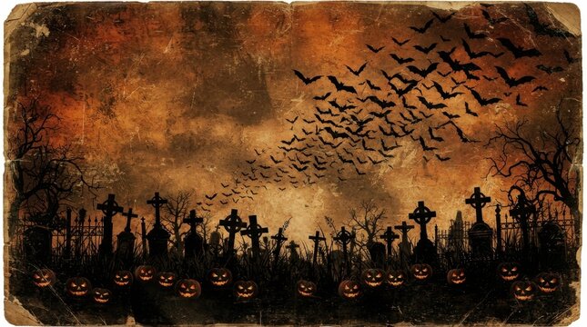 Halloween Cemetery Background with Flying Bats