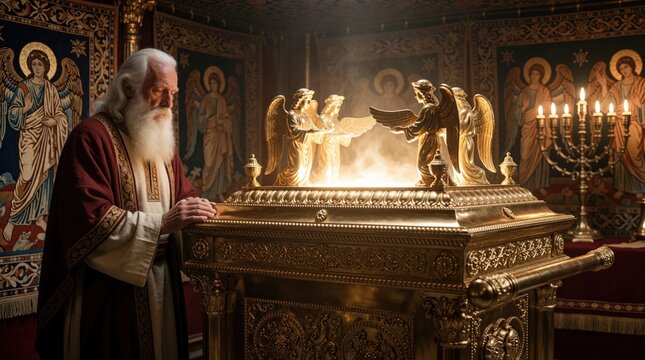 Elderly priest stands reverently before golden Ark of Covenant inside sacred tabernacle. Divine light shines on cherubim atop artifact, with menorah nearby. Biblical scene of worship and holiness.