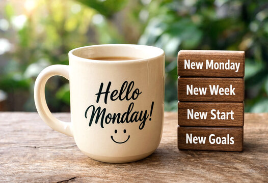Motivational monday morning coffee cup with new goals and fresh start wooden blocks on table