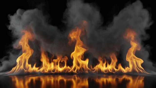 
Realistic Line of Fire and Thick Smoke on Reflective Black Background
