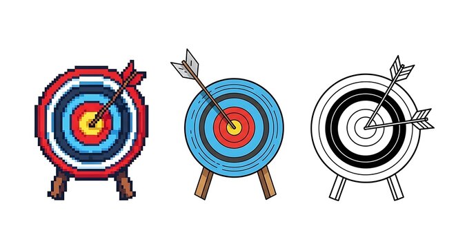 Three archery target illustrations; pixelated, colored, and line art, each with arrows