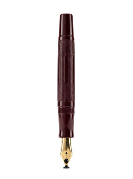 Elegant maroon fountain pen with gold nib on transparent background.