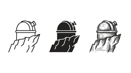 Observatory dome on mountain peak icons: a science observatory for stargazing atop a rugged mountain, in outline, solid, and hand-drawn sketch styles. © Ірина Гринюк