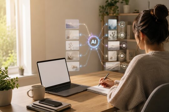 Remote Freelancer Organizing Social Content with AI Assistant