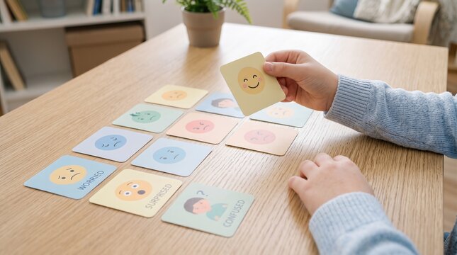 Child holding a card with a smiley face while playing a well-being game on a wooden table, colorful emotion cards spread out in front, cozy indoor setting