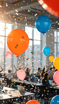 Office party celebration with colorful balloons and confetti in a modern workplace