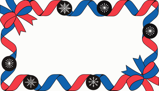 Festive red and blue ribbon border decorated with white snowflake icons on black circles with border composed intertwined ribbons elegant snowflakes