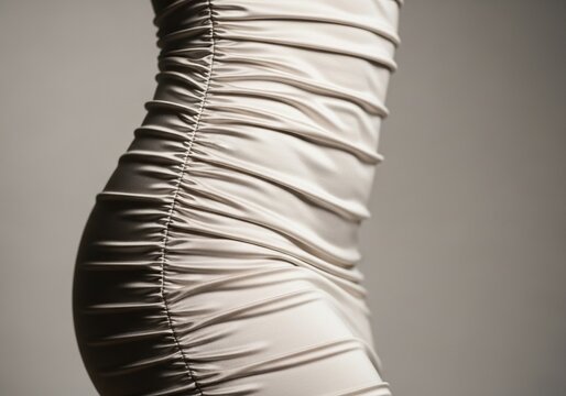 Woman wearing a tight ruched dress side view