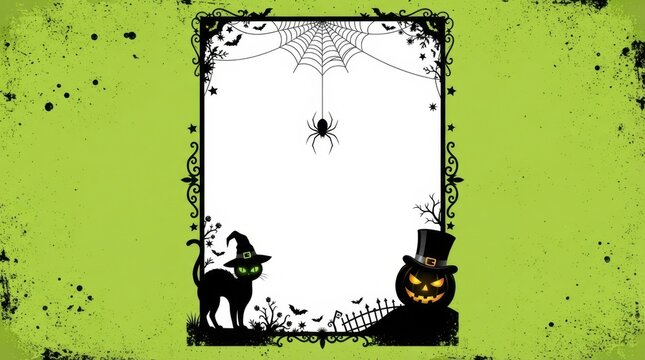 Green Halloween Frame with Black Cat and Spider