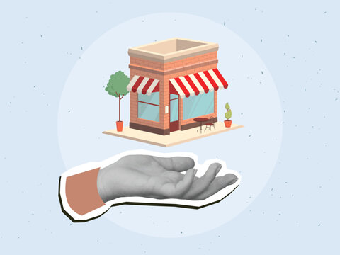 Black and white hand holds a small building - local cafe or shop. Modern collage style. Vector illustration