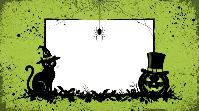 Green Halloween Banner Frame with Cat and Pumpkin
