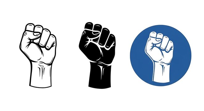 Three fist graphics outline, black fill, and blue circle. Represents solidarity, strength