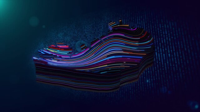 Dynamic motion background showing a luminous 3D Iceland map revealed through flowing neon contour lines over a glowing particle grid for modern technology presentations.