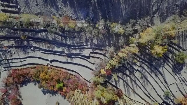 aerial landscape footage of Gilgit Baltistan in autumn season