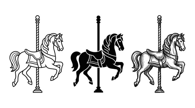 Three carousel horses on poles illustrations: outline, silhouette, and detailed sketch, in a standing pose