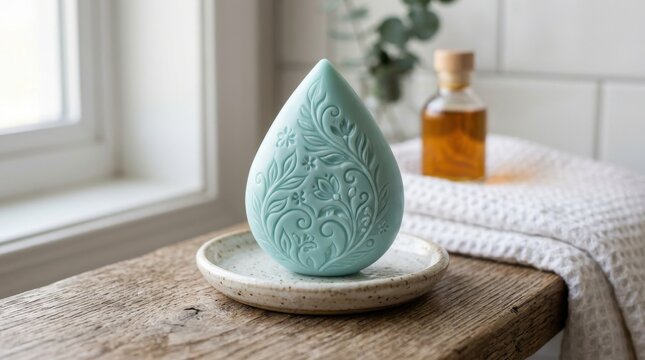 Decorative soap drop with floral pattern resting on ceramic dish with soft window light