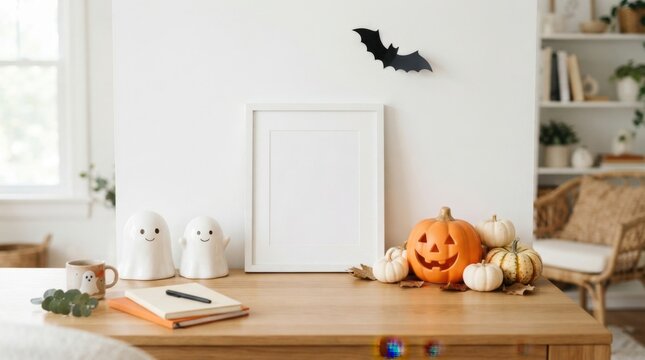 Frame Mockup on Desk with Halloween Pumpkins