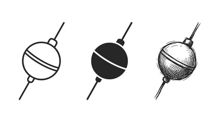 Angled fishing bobber illustrations in outline, solid, and hand-sketched artistic styles. © Ірина Гринюк