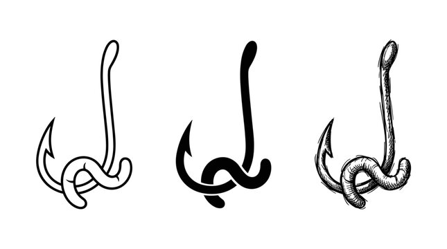 Fishing hooks baited with worms, depicted in outline, solid fill, and detailed hand-drawn sketch styles.