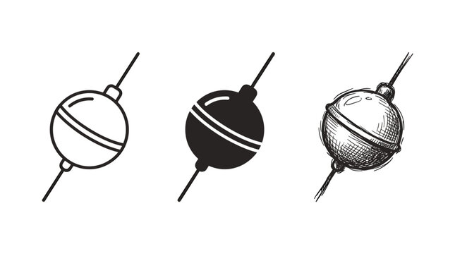 Fishing bobber icons with a line, shown in outline, solid fill, and hand-drawn scribble art.