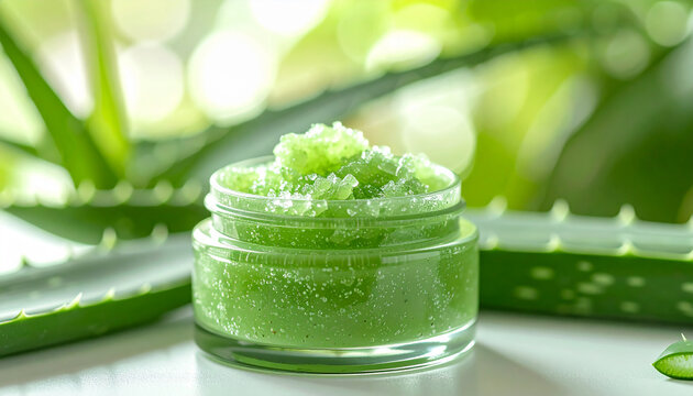 Homemade green sugar body scrub in clear cosmetic jar, fresh aloe vera leaves, natural organic beauty product styling, blurred botanical background, fresh green and creamy neutral colors. Close-up.