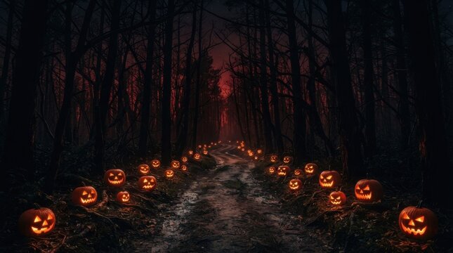 Spooky Halloween Trail Lit by Jack O Lanterns
