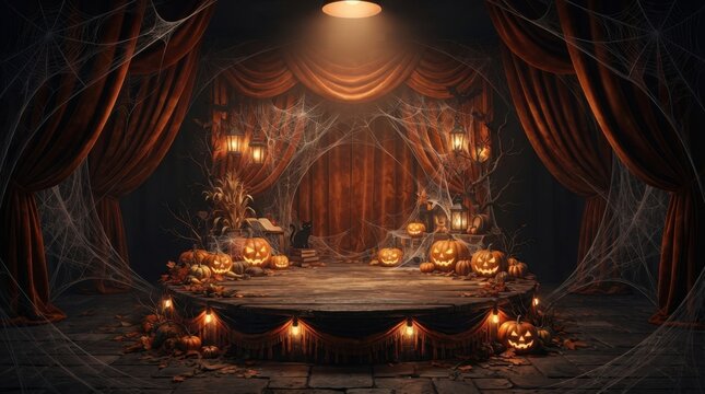 Spooky Halloween Stage with Cobwebs and Curtains
