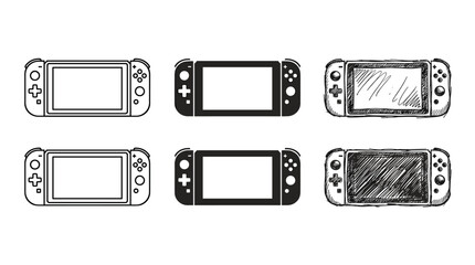 Six Portable Gaming Console Icons in Two Rows on White Background in Line Art, Solid Fill, and Sketch Style © Ірина Гринюк