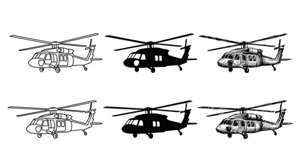 Six military helicopters in outline, silhouette, and sketchy styles, arranged in two rows on a white background. © Ірина Гринюк