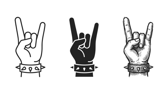 Three hands making "devil horns" rock gesture with spiked wristbands, in outline, solid silhouette, and hand-drawn sketch styles