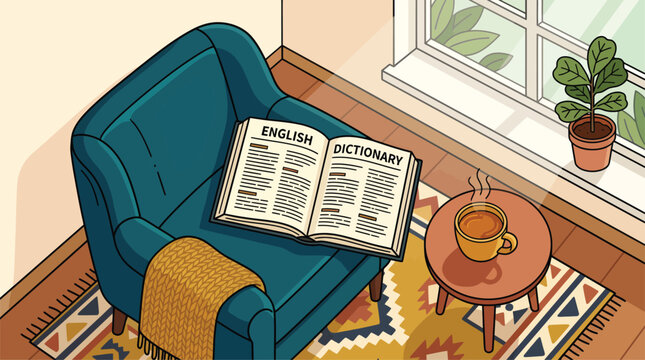 Cozy armchair with open English dictionary and steaming mug of tea by sunlit window, inviting scene for learning and relaxation