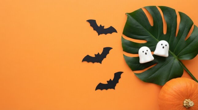 Halloween Flat Lay with Ghosts and Pumpkins