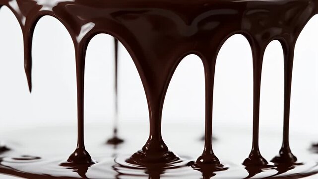 Molten Chocolate Drips Isolated on White Background - A close-up shot showcases rich, dark chocolate glaze artfully dripping and forming elegant strands.