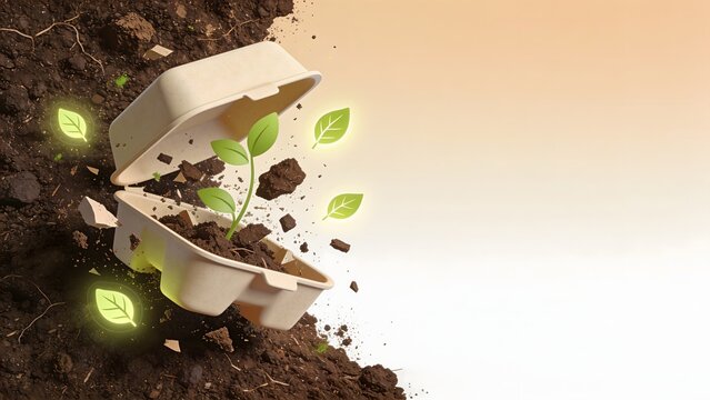 3D conceptual illustration showing a green plant sprouting from biodegradable food box in soil suitable for eco friendly packaging and environmental banner designs