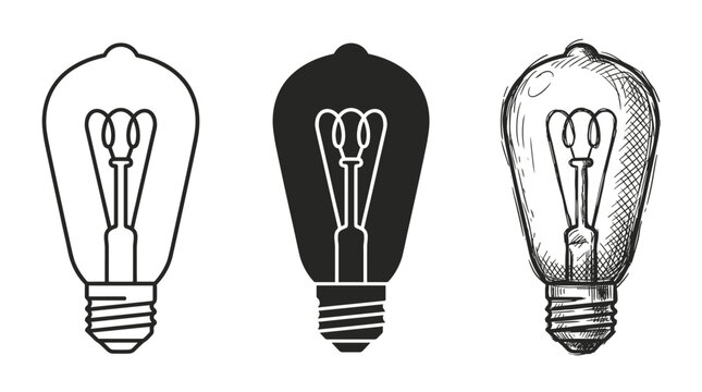 Three vintage Edison-style lightbulbs with double loop filaments, depicted in outline, solid black, and hand-drawn sketch styles