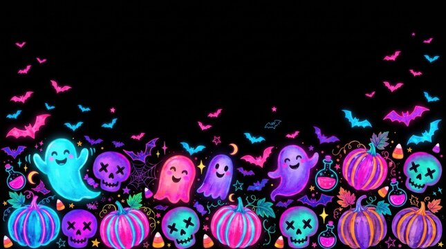 Neon Color Cute Halloween Characters Banner Border