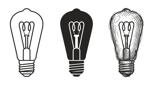 Three vintage Edison-style lightbulbs with double loop filaments, depicted in outline, solid black, and hand-drawn sketch styles
