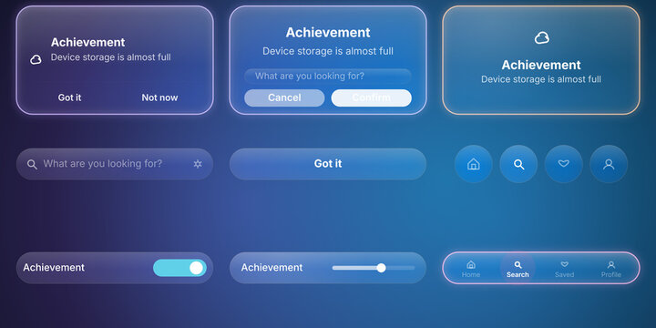 Modern Glassmorphism UI Elements Kit, a sleek collection of user interface components for app design. Frosted glass buttons, sliders, and notification pop-ups