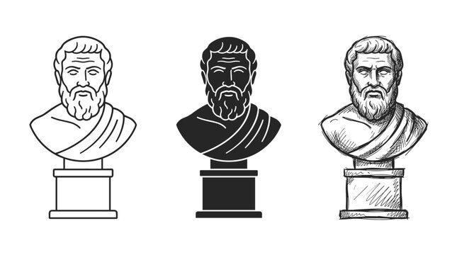Three marble busts of an ancient Greek philosopher with a beard, on pedestals, in line art, silhouette, and hand-drawn sketch styles.