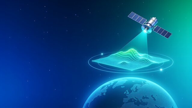 Futuristic satellite scanning the Earth with a glowing 3D topographic grid map, ideal for global positioning systems, remote sensing, satellite data, and spatial technology.