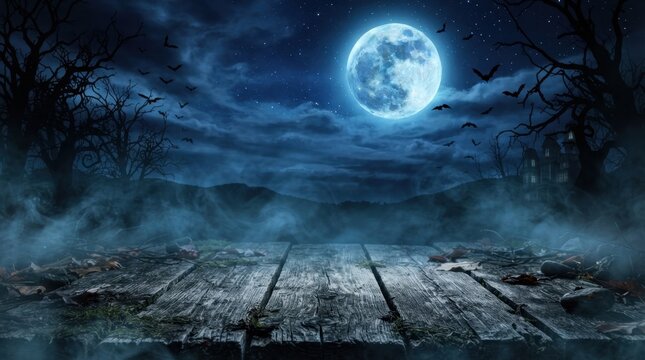 Spooky Night Forest Background with Full Moon