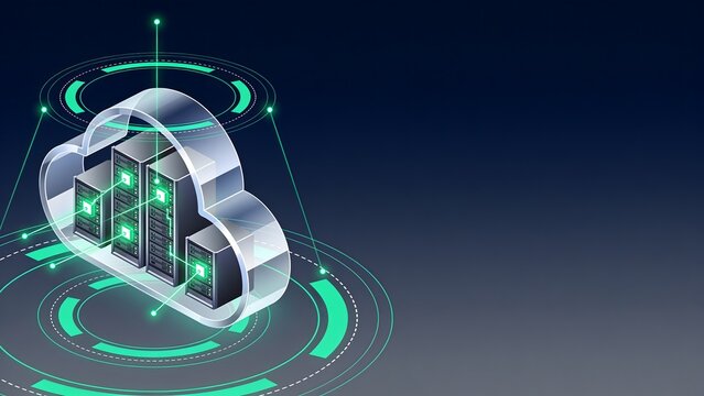 Modern server racks inside a transparent cloud structure with neon rings, perfect for cloud hosting, data center, enterprise network, and IT server infrastructure projects.