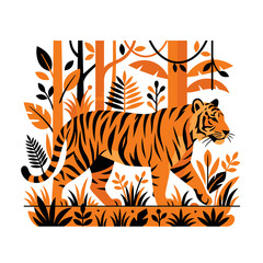 Obraz premium A stylized vector illustration featuring a majestic orange tiger walking through a dense jungle landscape with bold graphic artistic shapes